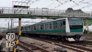 花月園前踏切にて、JR東日本E233系7000番台110編成 通過シーン