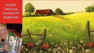 How to paint a FARMHOUSE Landscape with Acrylic Paint step by step for beginners