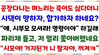 (반전사이다사연)공장다니는 며느리는 죽어도 싫다더니 시댁이 망하자 합가하자하네요?시부모모셔라 하길래 파리채 들고 쫒아버렸네요\