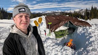 Winter Bushcraft Camping in the Mountains - Overnight in Snow Fort