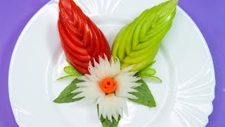 Simple Radish & Carrot Flower and Tomato Design  - How to Make Vegetable Carving Idea Garnish