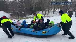 Watch firefighters use paddle raft to sled with kids at Richmond park