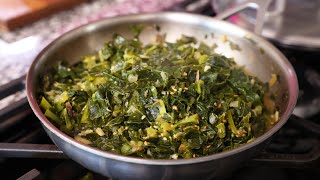 Collard greens bokkeum (콜라드그린 된장볶음) Stir-fried collard greens with doenjang