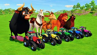 TRANSPORTING GIANT FERDINAND COWS, HORSES, GOATS, LION, BULL WITH TRACTORS - Farming Simulator 22!