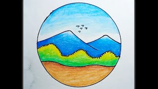 How To Draw Mountain Landscape Easy |Drawing Mountain Scenery In A Circle