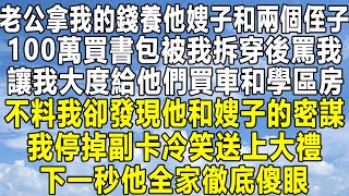 老公拿我的錢養他嫂子和兩個侄子，100萬買書包被我拆穿後罵我，讓我大度給他們買車和學區房，不料我卻發現他和嫂子的密謀，我停掉副卡冷笑送上大禮，下一秒他全家徹底傻眼！#家庭 #感情 #故事 #婚姻#爱情