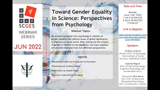 SCGES Webinar June 13th 2022: Toward Gender Equality in Science: Perspectives from Psychology