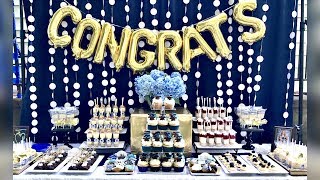 Graduation Party Desserts | Blue White Gold Graduation Buffet Table