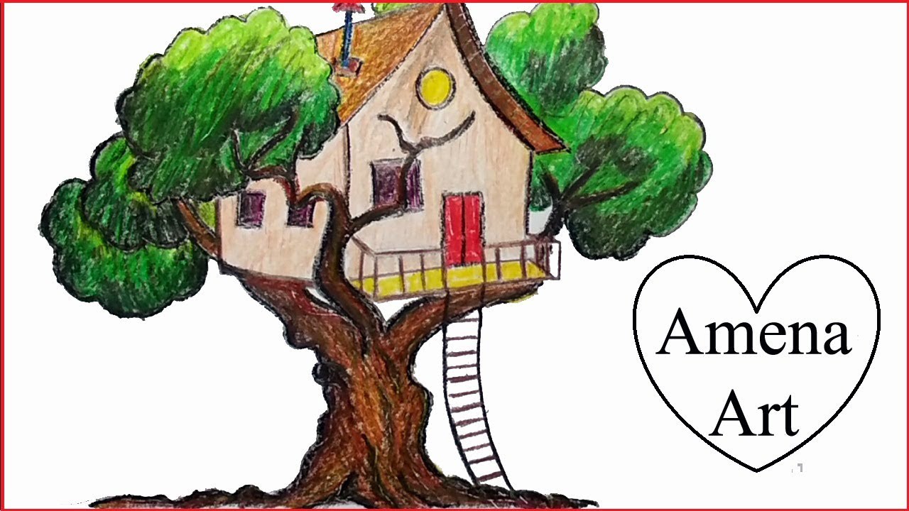 How To Draw A Beautiful Tree House Step By Step With Pencil - YouTube