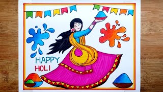 Beautiful Holi Festival Drawing/Happy Holi Drawing/Holi Drawing Easy Step By Step