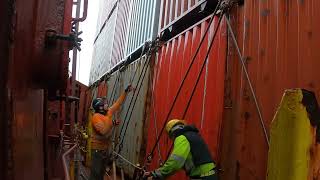 Container Ship Lashing - Nicolai Maersk - Lash -tube buckles - External (crisscross/knuckle lashing)