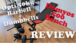 50 kg Opti vinyl barbell + dumbbell set & Decathlon Domyos 500 bench review