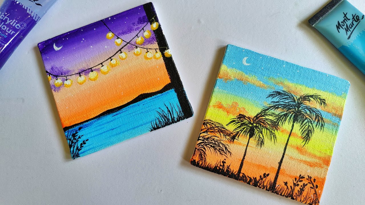 2 Paintings For Beginners || 2 Mini Canvas Paintings || Aesthetic ...