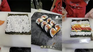 今天用三文鱼和金枪鱼教大家做一款紫菜包饭Today, I will teach you how to make a seaweed rice with salmon and tuna