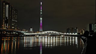 東京スカイツリー　ライトアップ　桜　舞　2022　✿　Tokyo Skytree  Cherry Blossoms　☆　隅田川　白鬚橋　イエロー　ライティング　♪　2022年 4月5日