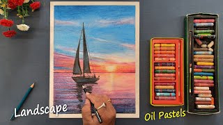 Sunset Landscape painting with Oil Pastel for beginners - Step by Step, Oil Pastel Drawing,