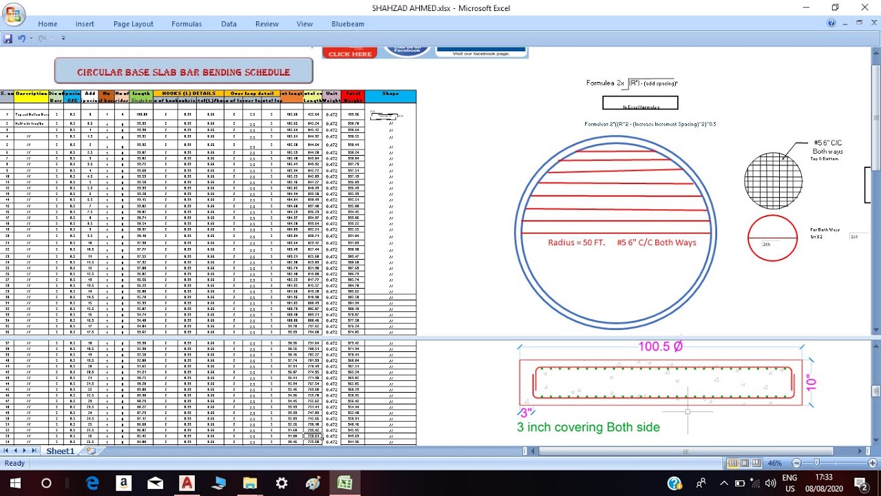 Bar Bending Schedule For Circular Rcc Base Slab In Excel. RCC ...