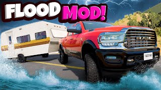 FLOOD ESCAPE with a TRUCK Hauling a Travel Trailer in BeamNG Drive Mods!
