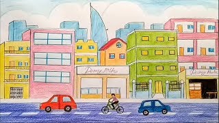 How to draw city step by step / City drawing tutorial for beginners