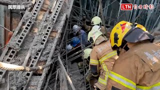 台南文化中心立體停車場工程鷹架塌陷 女工人受困救出送醫(民眾提供)