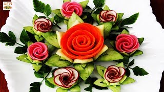 Elegant Garnish of Carrot & Radish Rose Flower with Wax-Gourd, Cucumber & Cilantro Designs