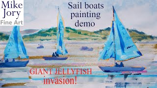 sail boats with blue sails on the river painting tutorial