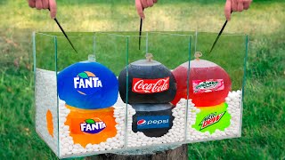 Experiment: Giant Balloons of Coca Cola & Fanta & Mirinda & Mountain Dew VS Mentos