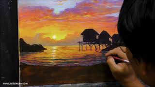 Acrylic Landscape Painting in Time-lapse / Floating Houses on Tropical Sunset / JMLisondra