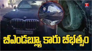 BMW Car hit Traffic Police booth With Over speed at Jubilee Hills Check Post | T News