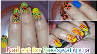 How to nail art design at home🏡 |Three easy nail art for saraswati puja| #pokoslifestyle