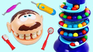 Feeding Mr. Play Doh Head Rainbow Gumballs & Visiting Play Dough Dentist Toy Hospital for a Checkup!