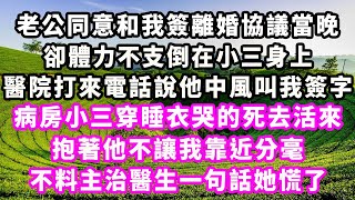 老公同意和我簽離婚協議當晚，卻體力不支倒在小三身上，醫院打來電話說他中風叫我簽字，病房小三穿睡衣哭的死去活來，抱著他不讓我靠近分毫，不料主治醫生一句話她慌了#爽文#大女主#現實情感#家庭