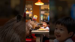 The capybara looks so cute while eating fries.