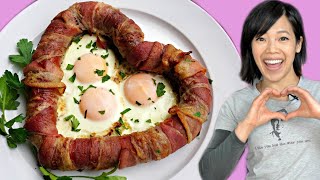 DIY LOVE SAUSAGE -- bacon-wrapped-heart-shaped-fried-egg-filled sausages -- Valentine's Day Recipe