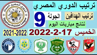 ترتيب الدوري المصري وترتيب الهدافين ونتائج مباريات اليوم الخميس 17-2-2022 الجولة 9  - تعادل المصري