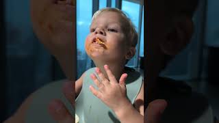 So yummy! Cute Baby is eating pasta for dinner. Cuteness Overload