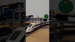 Close-up view! LEGO cargo trains on the bridge, passenger trains below!