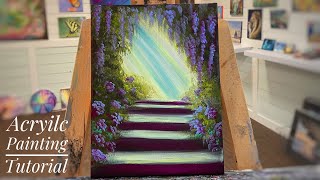 How To Paint A WISTERIA \u0026 HYDRANGEA GARDEN / relaxing acrylic painting tutorial