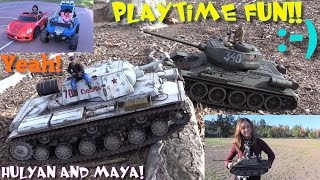 RC TANKS Driving Playtime on the Field and Fisher-Price Power Wheels Playtime w/ Hulyan & Maya
