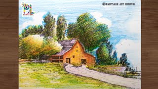 Drawing Landscape with Pen and Coloring Pencils for Beginners || Beginners Scenery Art