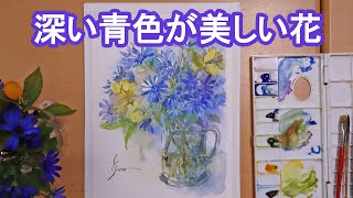 【透明水彩画】深い青色が美しい花