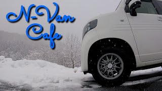 N-VAN Cafe「白いゲレンデを見ながらNバンカフェモーニング(^-^)」＋N-VANリヤウィンドウの眺め＋ぷらり車中泊＋Crepe's N-VAN