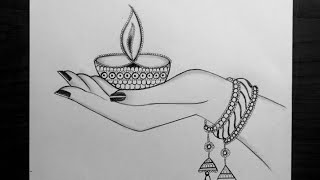 How To Draw Diya On Hand Step By Step/Pencil Drawing/Easy/Diwali Drawing