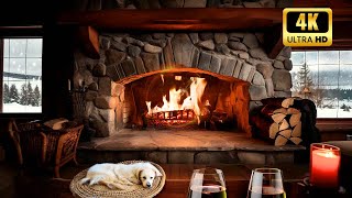 A Beautiful Crackling Fire With Snow/Wind Storm Outside | Joined By 2 Furry Friends (Cozy)