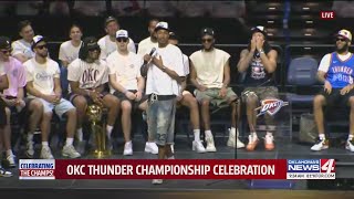 Aaron Wiggins speaks at the OKC Thunder Championship Celebration