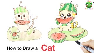 兒童簡筆畫吃西瓜的可愛小猫 How to Draw a Cute Cat Eating Watermelon! Easy Drawings for kids【西瓜寶寶學畫畫學英語】兒童繪畫教程