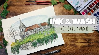 Ink and Wash || Medieval church #urbansketching #inkandwash #sketching