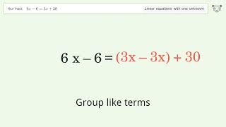 Linear equation with one unknown: Solve 9x-6=3x+30 step-by-step solution
