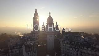 Aerial View Of Sacre-Coeur And Paris At Sunrise, Montmartre, Filmed By Drone, France