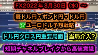 FX2022年3月30日(水)～豪ドル円ポンド円ドル円ユーロドル予想戦略【為替急伸今後は？】【当局介入】【要人発言】【ロシアウクライナ】